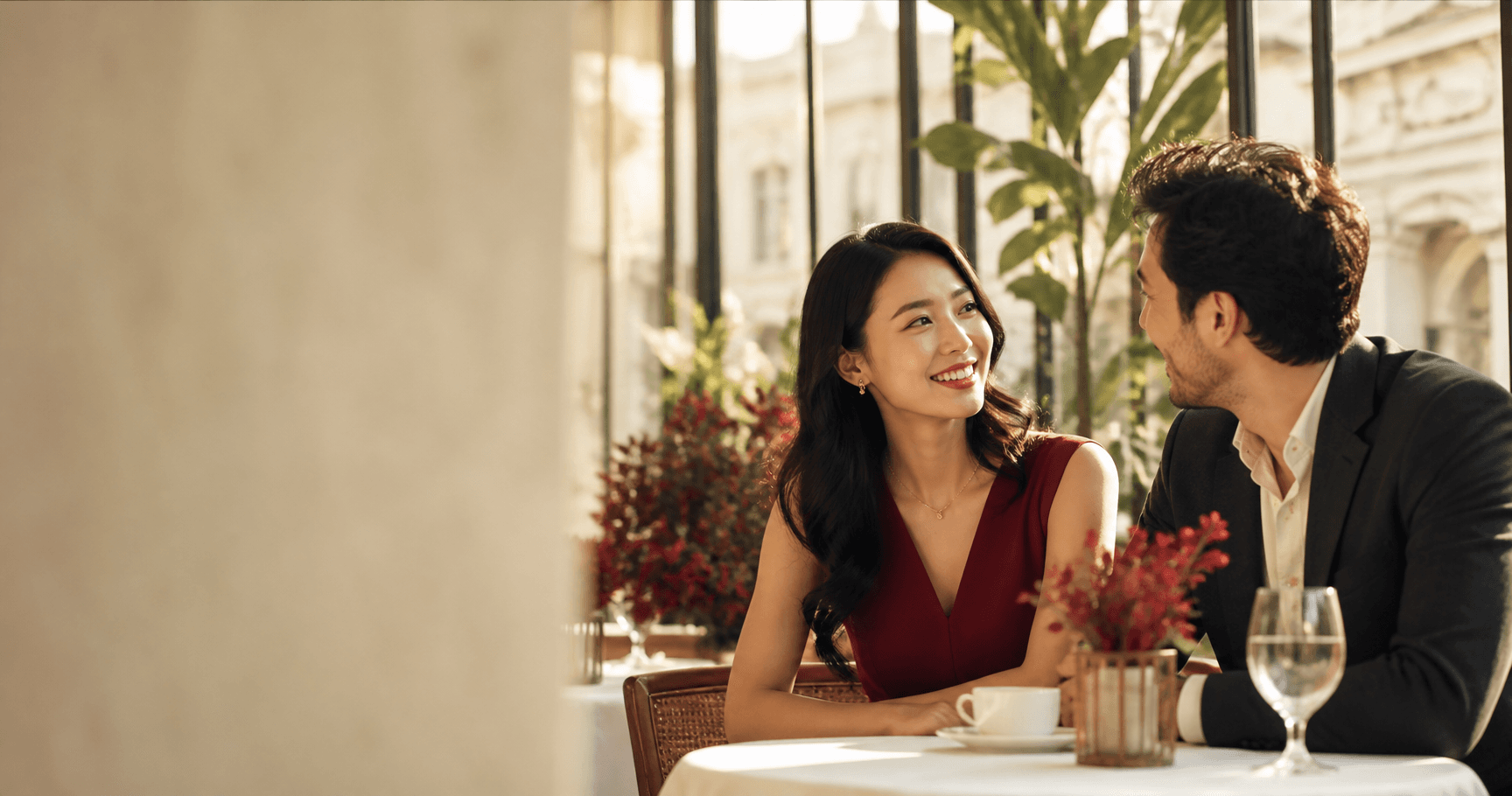 Two adults sharing a warm conversation in a sunlit café
